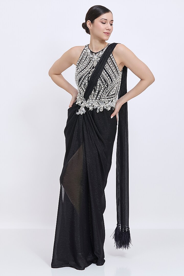Black Polyester Satin & Stretch Lycra Draped Embroidered Wedding Saree Gown by Dilnaz Karbhary at Pernia's Pop Up Shop