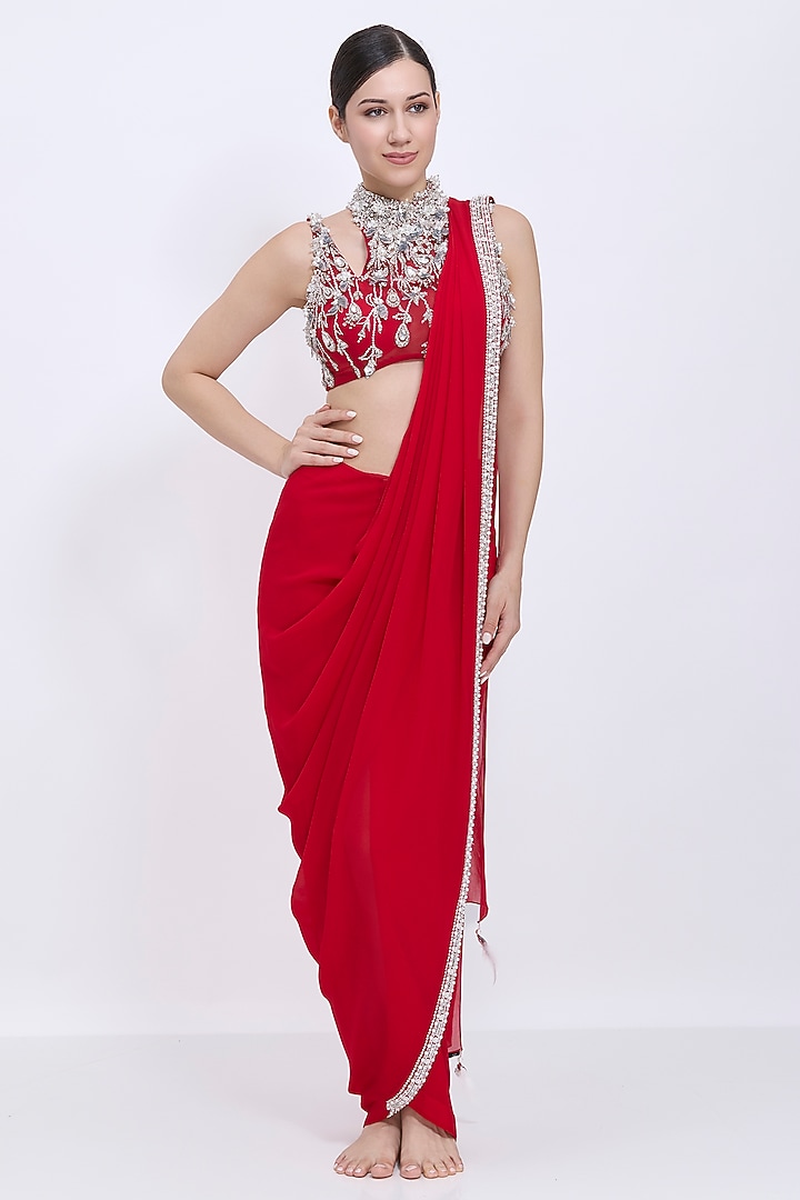 Red Polyester Satin & Blended Georgette Pre-Stitched Reception Saree Set by Dilnaz Karbhary at Pernia's Pop Up Shop