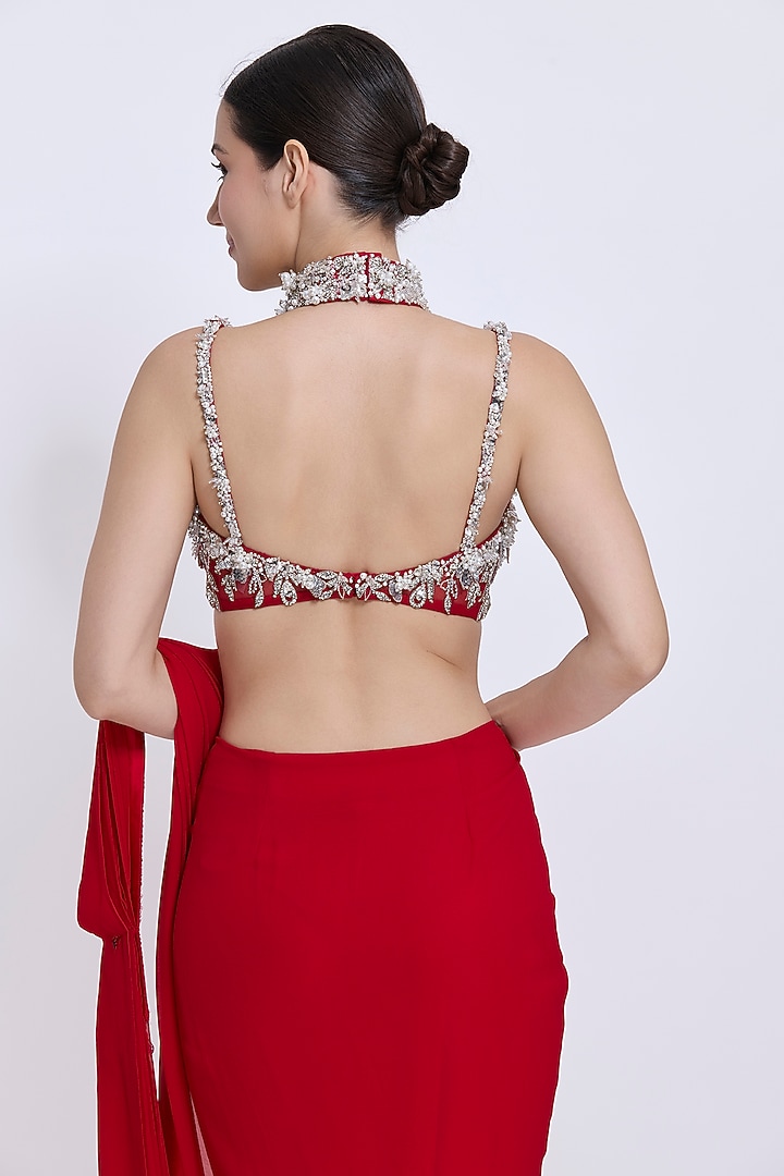 Red Polyester Satin & Blended Georgette Pre-Stitched Reception Saree Set by Dilnaz Karbhary at Pernia's Pop Up Shop