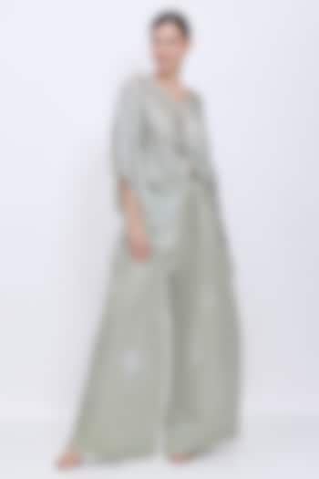 Ash Grey Blended Linen Hand Embroidered Trousers by Dilnaz Karbhary at Pernia's Pop Up Shop