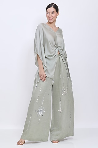 Ash Grey Blended Linen Hand Embroidered Trousers by Dilnaz Karbhary