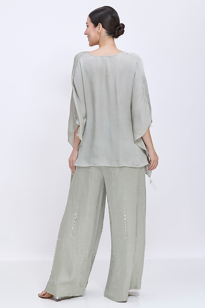 Ash Grey Blended Linen Hand Embroidered Trousers by Dilnaz Karbhary at Pernia's Pop Up Shop