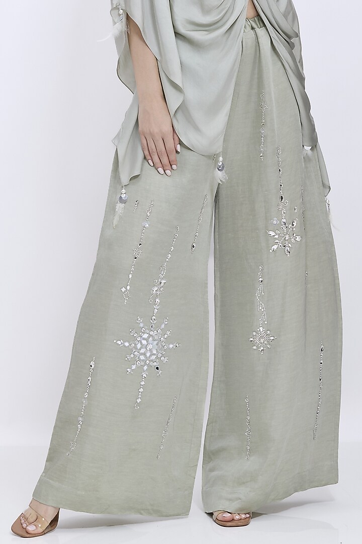 Ash Grey Blended Linen Hand Embroidered Trousers by Dilnaz Karbhary at Pernia's Pop Up Shop