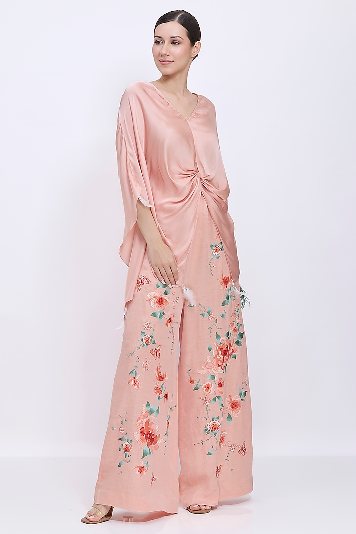 Dusty Pink Blended Satin Draped Kaftan by Dilnaz Karbhary at Pernia's Pop Up Shop