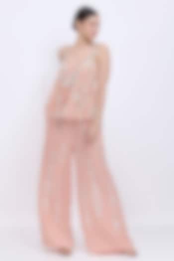 Dusty Pink Blended Linen Hand Embroidered Trousers by Dilnaz Karbhary at Pernia's Pop Up Shop