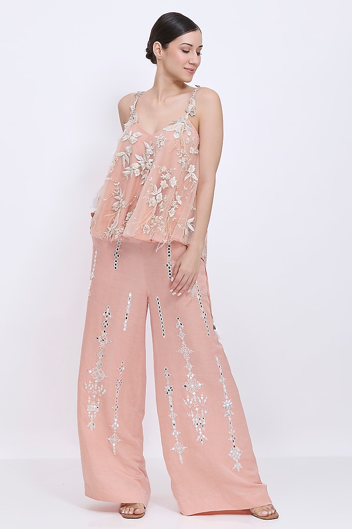 Dusty Pink Blended Linen Hand Embroidered Trousers by Dilnaz Karbhary at Pernia's Pop Up Shop