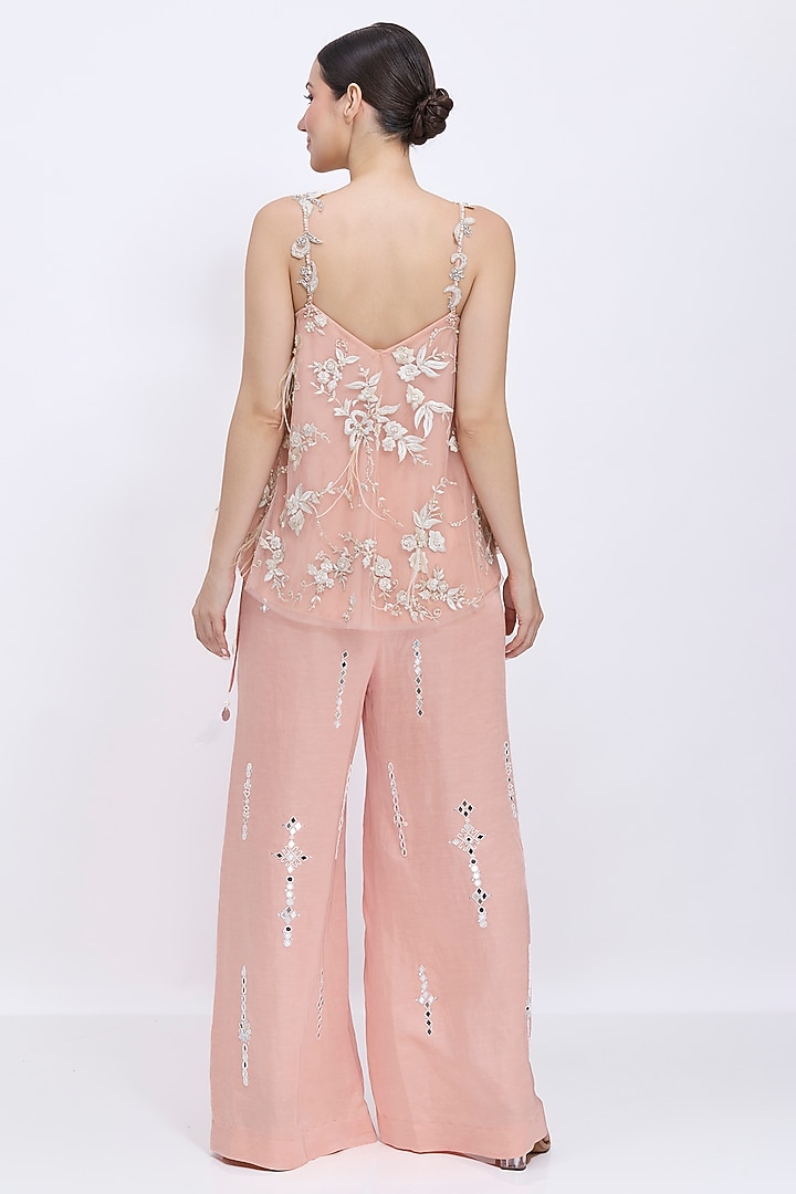 Dusty Pink Blended Linen Hand Embroidered Trousers by Dilnaz Karbhary at Pernia's Pop Up Shop