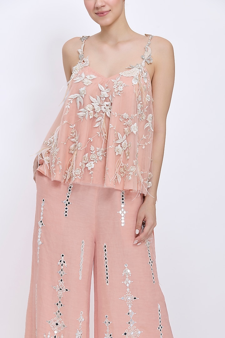 Dusty Pink Blended Linen Hand Embroidered Trousers by Dilnaz Karbhary at Pernia's Pop Up Shop