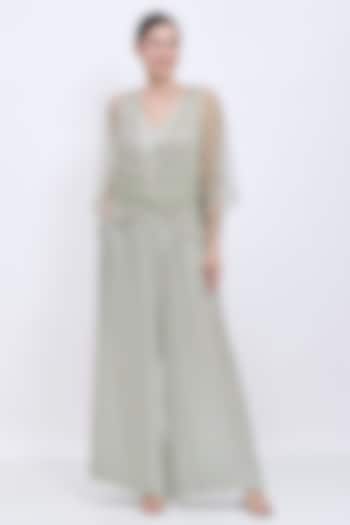 Ash Grey Blended Satin Hand Embroidered Jumpsuit With Kaftan by Dilnaz Karbhary at Pernia's Pop Up Shop