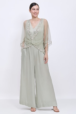 Ash Grey Blended Satin Hand Embroidered Jumpsuit With Kaftan by Dilnaz Karbhary