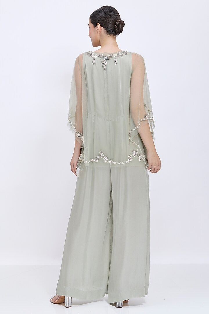 Ash Grey Blended Satin Hand Embroidered Jumpsuit With Kaftan by Dilnaz Karbhary at Pernia's Pop Up Shop