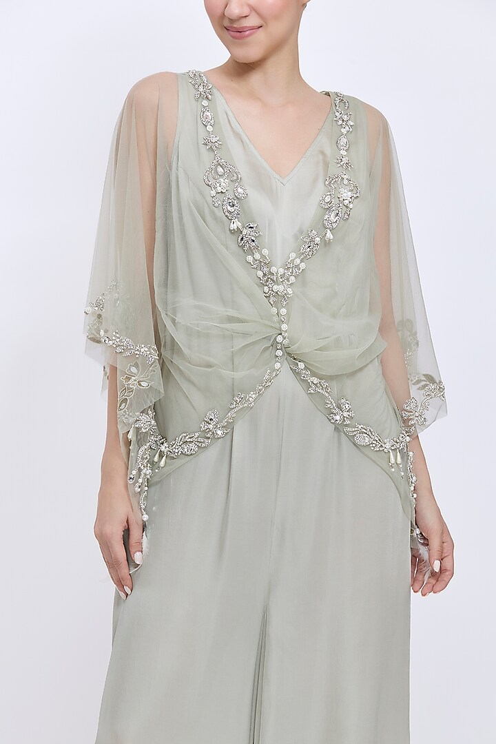 Ash Grey Blended Satin Hand Embroidered Jumpsuit With Kaftan by Dilnaz Karbhary at Pernia's Pop Up Shop
