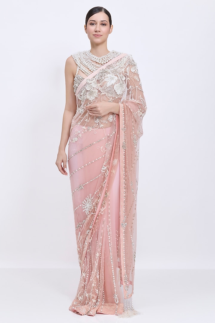 Pyaazi Pink Shaded Net Hand Embroidered Reception Saree by Dilnaz Karbhary at Pernia's Pop Up Shop