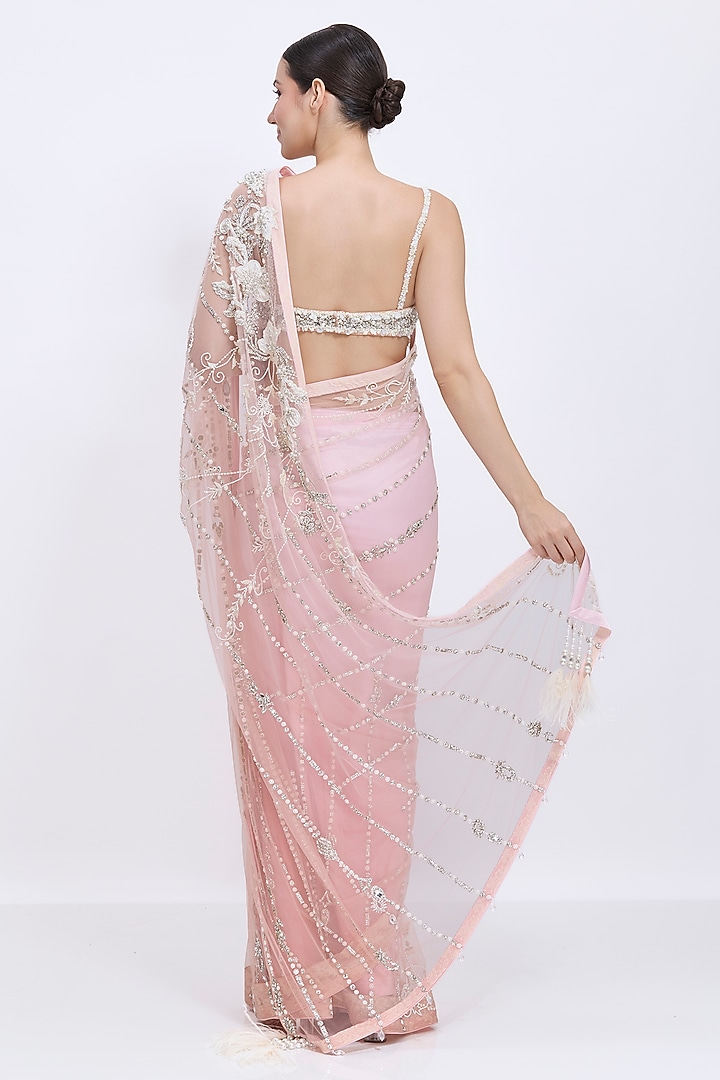 Pyaazi Pink Shaded Net Hand Embroidered Reception Saree by Dilnaz Karbhary at Pernia's Pop Up Shop
