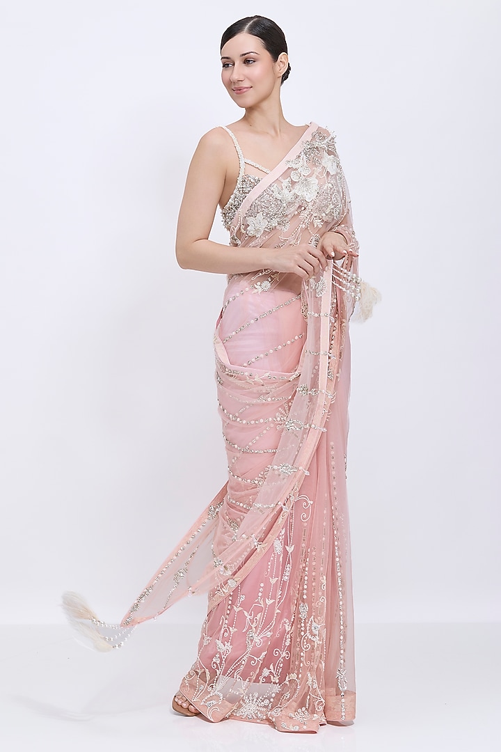 Pyaazi Pink Shaded Net Hand Embroidered Reception Saree by Dilnaz Karbhary at Pernia's Pop Up Shop