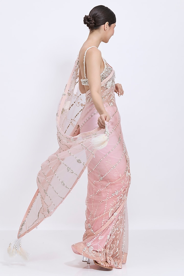 Pyaazi Pink Shaded Net Hand Embroidered Reception Saree by Dilnaz Karbhary at Pernia's Pop Up Shop