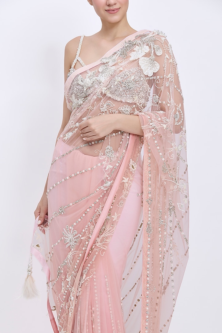 Pyaazi Pink Shaded Net Hand Embroidered Reception Saree by Dilnaz Karbhary at Pernia's Pop Up Shop