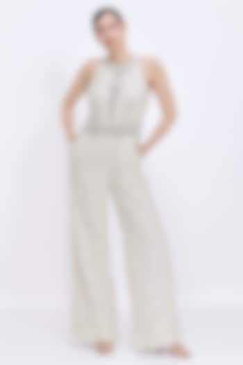 Ivory Tweed & Polyester Satin Hand Embroidered Jumpsuit by Dilnaz Karbhary at Pernia's Pop Up Shop
