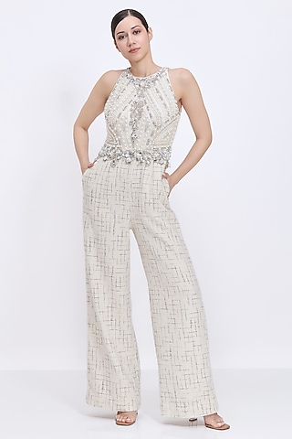 Ivory Tweed & Polyester Satin Hand Embroidered Jumpsuit by Dilnaz Karbhary