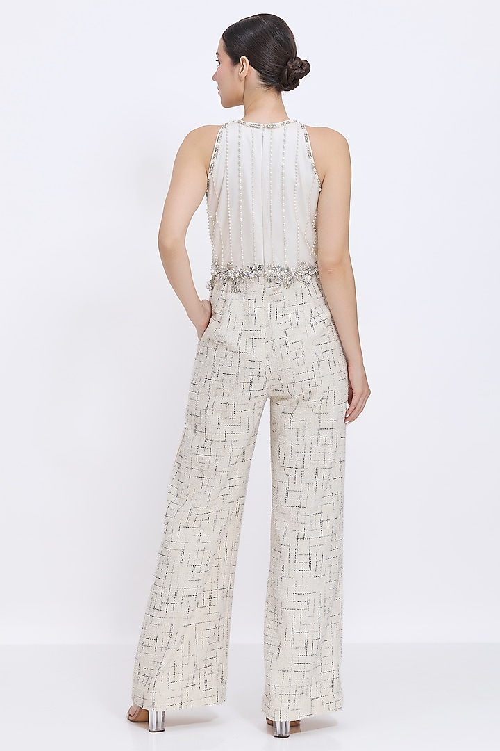 Ivory Tweed & Polyester Satin Hand Embroidered Jumpsuit by Dilnaz Karbhary at Pernia's Pop Up Shop