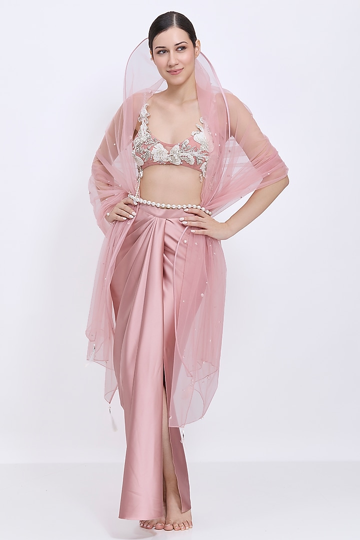 Old-Rose Polyester Satin & Blended Satin Draped Skirt Set by Dilnaz Karbhary at Pernia's Pop Up Shop