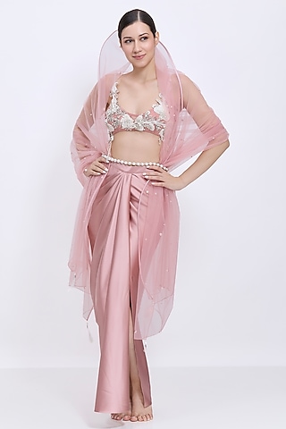 Old-Rose Polyester Satin & Blended Satin Draped Skirt Set by Dilnaz Karbhary