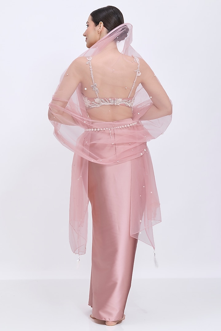 Old-Rose Polyester Satin & Blended Satin Draped Skirt Set by Dilnaz Karbhary at Pernia's Pop Up Shop