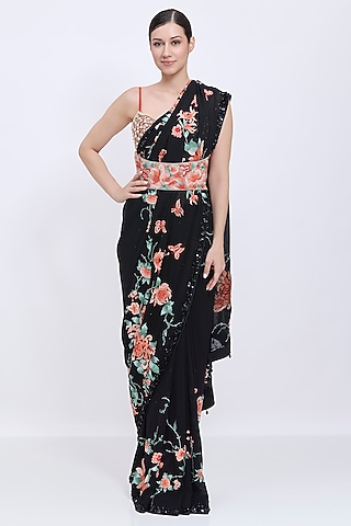 Ash Grey Polyester Satin Machine Embroidered Waist Corset by Dilnaz Karbhary