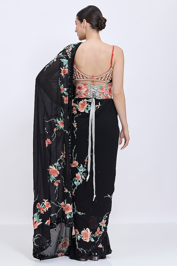 Ash Grey Polyester Satin Machine Embroidered Waist Corset by Dilnaz Karbhary at Pernia's Pop Up Shop