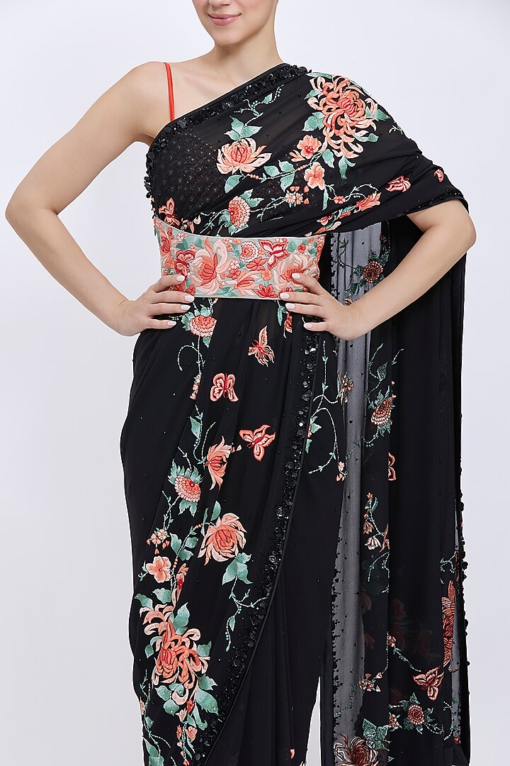 Ash Grey Polyester Satin Machine Embroidered Waist Corset by Dilnaz Karbhary at Pernia's Pop Up Shop