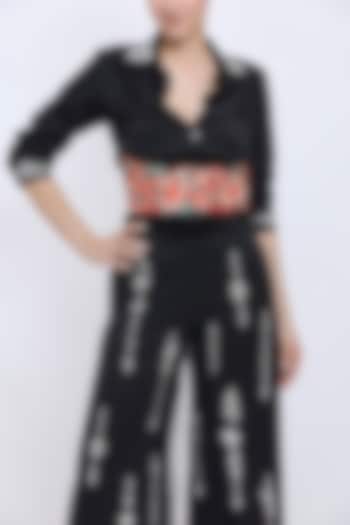 Black Polyester Satin Machine Embroidered Lace-Up Waist Corset by Dilnaz Karbhary at Pernia's Pop Up Shop