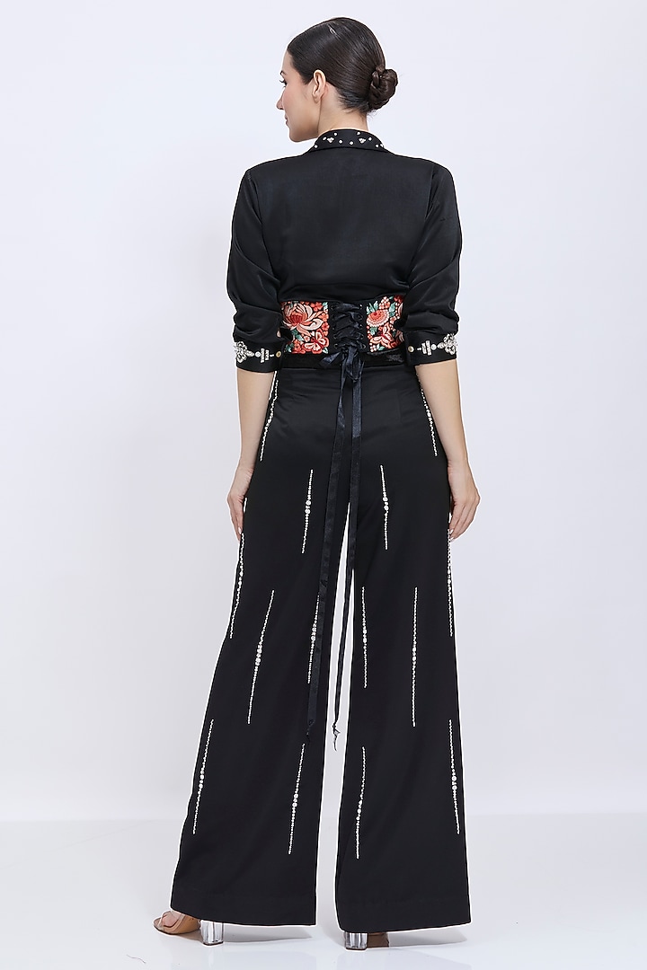 Black Polyester Satin Machine Embroidered Lace-Up Waist Corset by Dilnaz Karbhary at Pernia's Pop Up Shop
