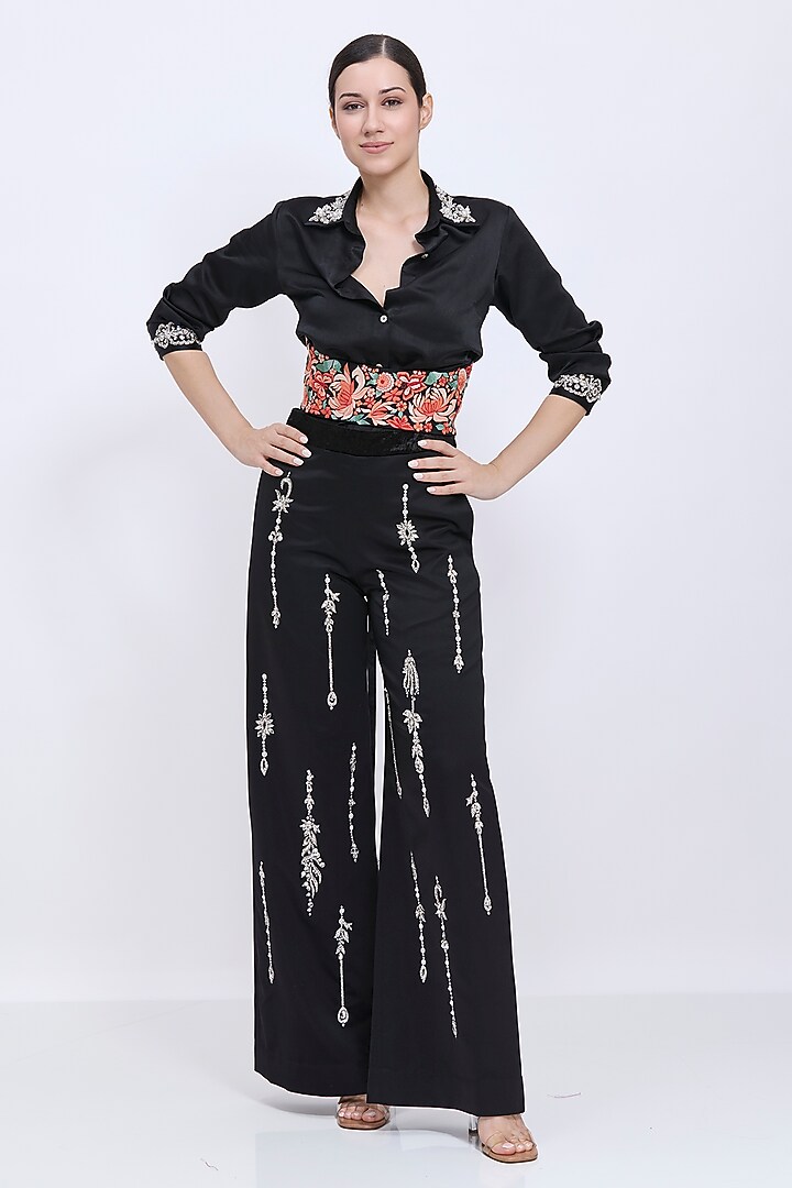 Black Polyester Satin Machine Embroidered Lace-Up Waist Corset by Dilnaz Karbhary at Pernia's Pop Up Shop