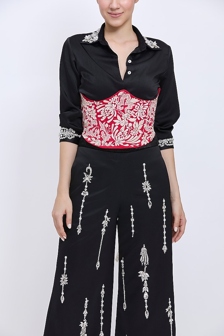 Red Polyester Satin Machine Embroidered Lace-Up Waist Corset by Dilnaz Karbhary at Pernia's Pop Up Shop