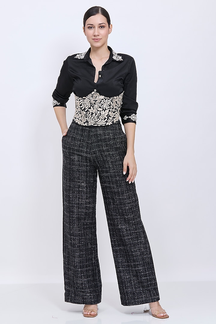 Black Polyester Satin Machine Embroidered Waist Corset by Dilnaz Karbhary at Pernia's Pop Up Shop