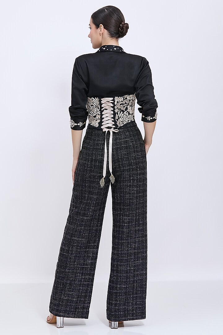 Black Polyester Satin Machine Embroidered Waist Corset by Dilnaz Karbhary at Pernia's Pop Up Shop