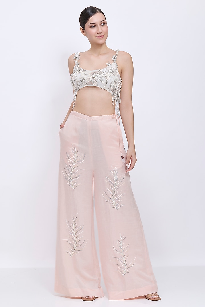 Ivory Net & Polyester Satin Hand Embroidered Blouse by Dilnaz Karbhary at Pernia's Pop Up Shop