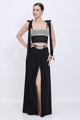 Black Net & Polyester Satin Hand Embroidered Blouse by Dilnaz Karbhary