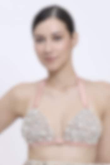 Dusty Pink Net & polyester Satin Hand Embroidered Bikini Top by Dilnaz Karbhary at Pernia's Pop Up Shop