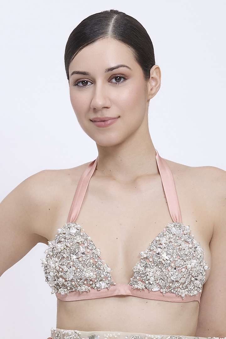 Dusty Pink Net & polyester Satin Hand Embroidered Bikini Top by Dilnaz Karbhary at Pernia's Pop Up Shop