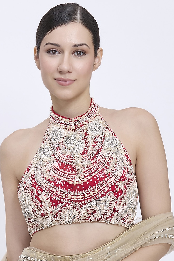 Red Net & Polyester Satin Hand Embroidered Blouse by Dilnaz Karbhary at Pernia's Pop Up Shop