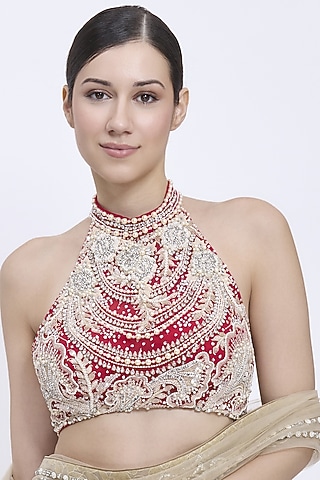 Red Net & Polyester Satin Hand Embroidered Blouse by Dilnaz Karbhary
