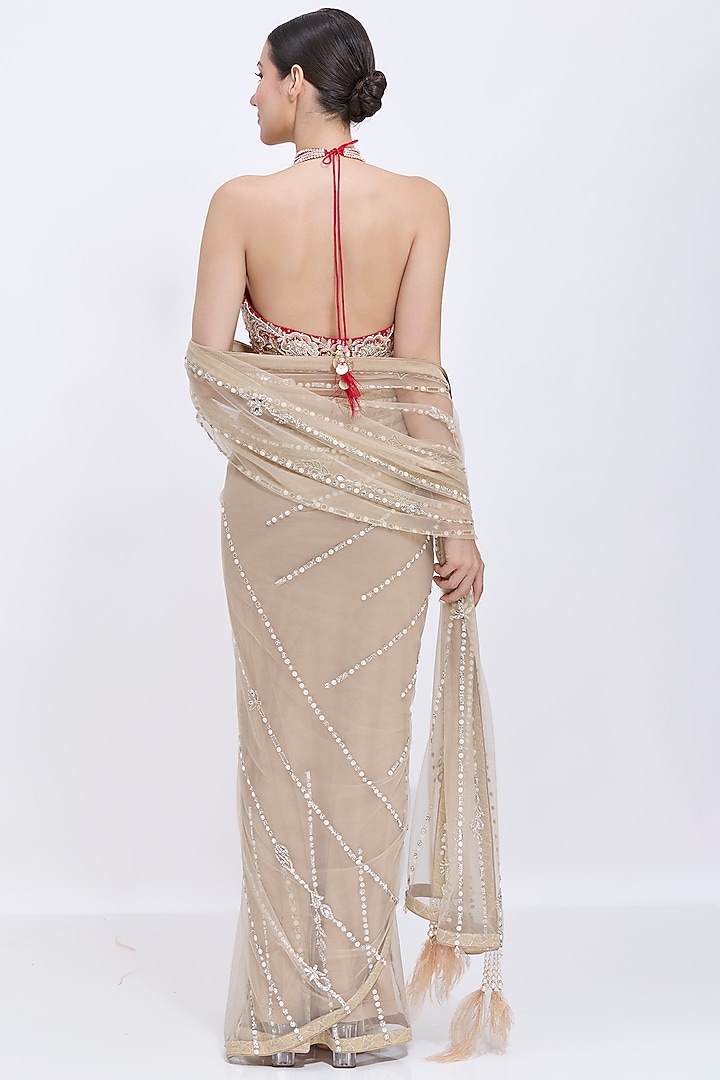 Red Net & Polyester Satin Hand Embroidered Blouse by Dilnaz Karbhary at Pernia's Pop Up Shop