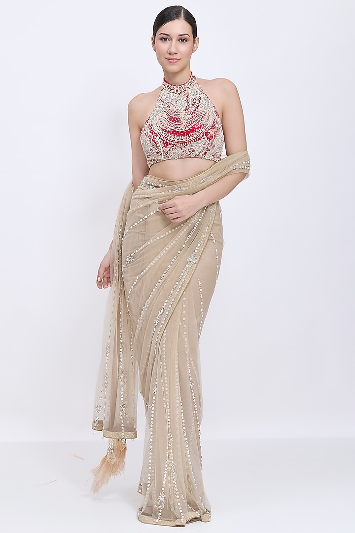 Red Net & Polyester Satin Hand Embroidered Blouse by Dilnaz Karbhary at Pernia's Pop Up Shop