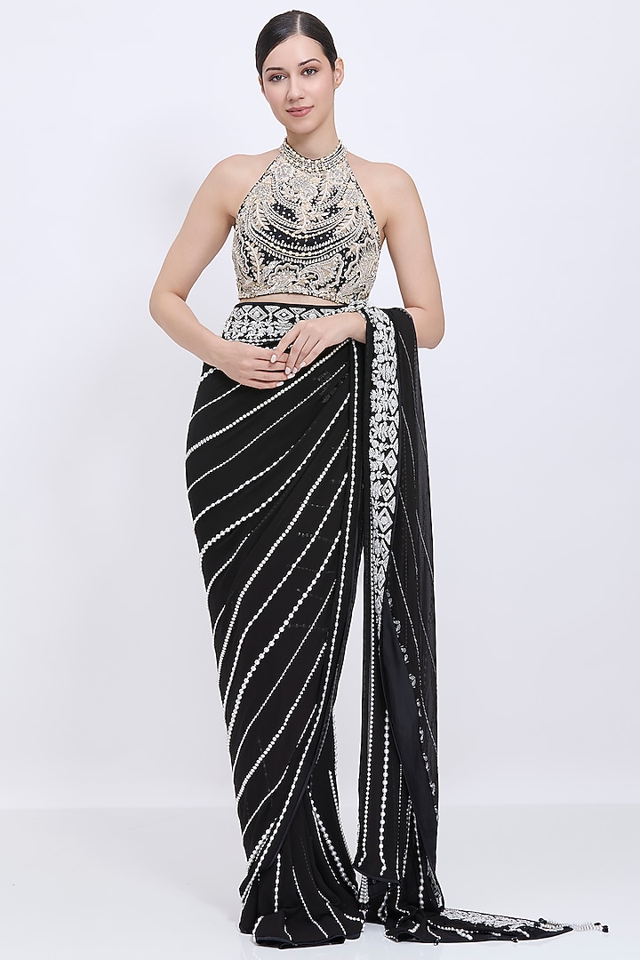 Black Net & Polyester Satin Hand Embroidered Blouse by Dilnaz Karbhary at Pernia's Pop Up Shop