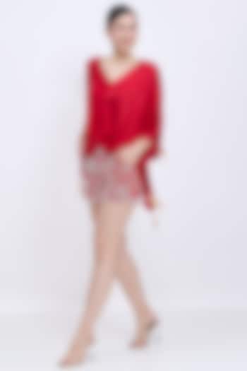 Red Stretch Net & Polyester Satin Hand Embroidered Shorts by Dilnaz Karbhary at Pernia's Pop Up Shop