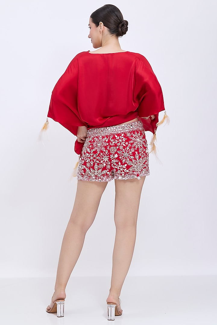 Red Stretch Net & Polyester Satin Hand Embroidered Shorts by Dilnaz Karbhary at Pernia's Pop Up Shop