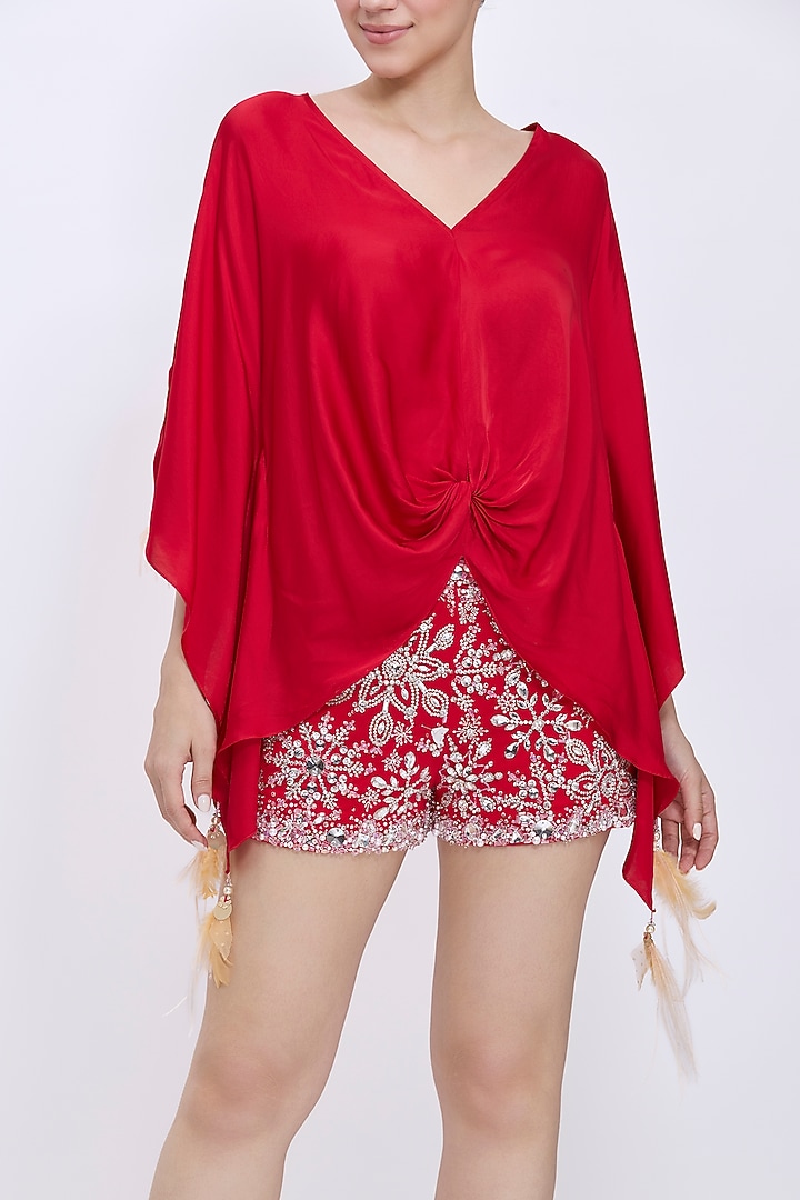 Red Stretch Net & Polyester Satin Hand Embroidered Shorts by Dilnaz Karbhary at Pernia's Pop Up Shop