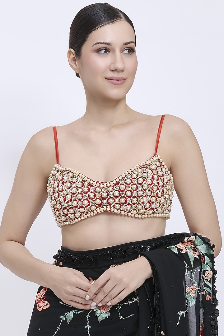 Dark Orange Net & Polyester Satin Hand Embroidered Bustier Blouse by Dilnaz Karbhary at Pernia's Pop Up Shop