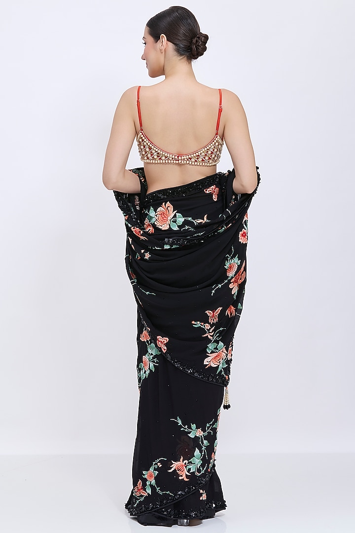 Dark Orange Net & Polyester Satin Hand Embroidered Bustier Blouse by Dilnaz Karbhary at Pernia's Pop Up Shop